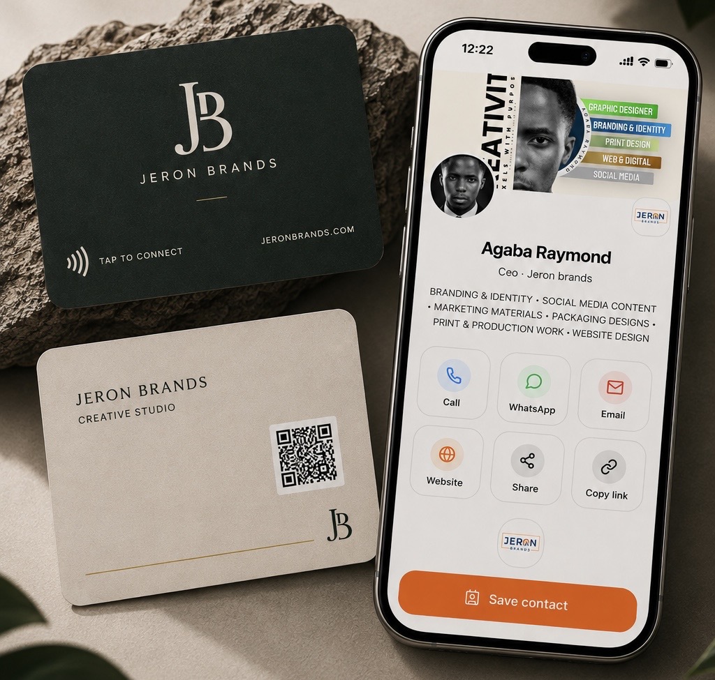 Printed and digital business card set with a QR code